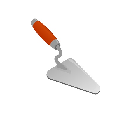 Isometric cement trowel isolated on white background. Colorful bricklayer trowel vector icon for web design. Spatula with a orange handle. Construction tool. Vector illustration. 3D. Flat style.
