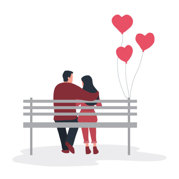 valentinstag-illustration. junges paar sitzt auf einer parkbank - bench park park bench silhouette stock-grafiken, -clipart, -cartoons und -symbole