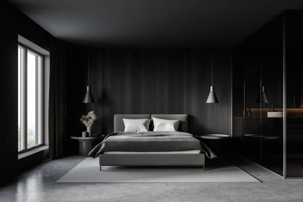 istock Gray and wooden master bedroom interior 1293305239