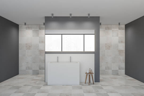 istock White and grey tiled bathroom with white washbasin and big mirror 1293305401