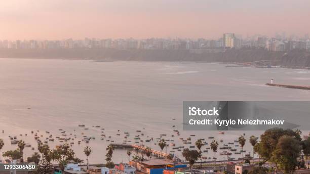 Aerial View Of Limas Shoreline With Boats Including The Districts Of Barranco And Chorrillos Timelapse Peru Stock Photo - Download Image Now