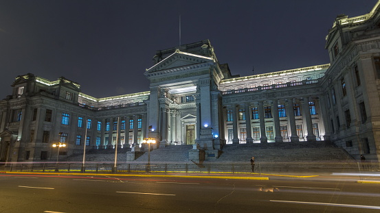 The Palace of Justice of Lima night timelapse hyperlapse. It is the main seat of the Supreme Court of Justice of the Republic of Peru and symbol of the Judicial Power of Peru.