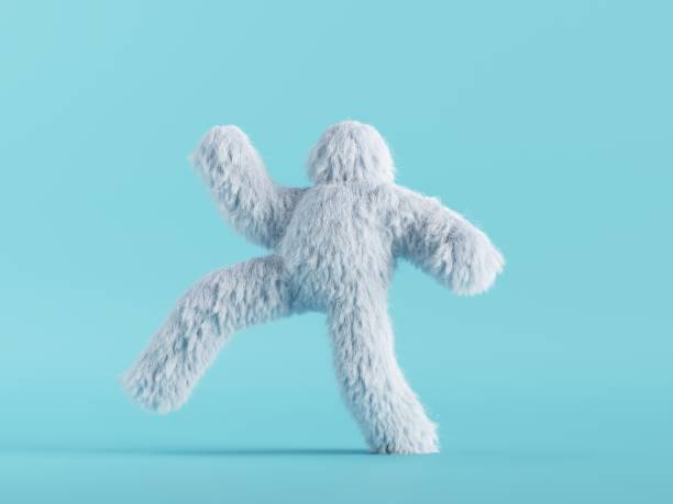 3d render, yeti peludo blanco caminando, corriendo o bailando. carácter de dibujos animados peludo de pie grande, monstruo de miedo aislado sobre fondo azul menta, pose activa - yeti fotografías e imágenes de stock