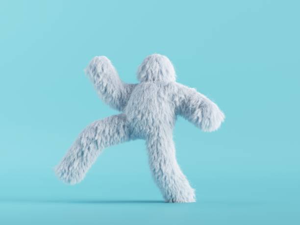 3d render, white hairy yeti walking, running or dancing. furry bigfoot cartoon character, scary monster isolated on mint blue background, active pose - yeti imagens e fotografias de stock