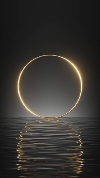 istock 3d render, abstract minimal geometric background with golden ring, round frame and reflection in the water on the wet floor. Showcase with blank space for product presentation 1293311134