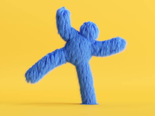 istock 3d render, blue hairy cartoon character fluffy toy isolated on yellow background, active pose. Colorful furry beast dancing. Modern minimal concept 1293311669
