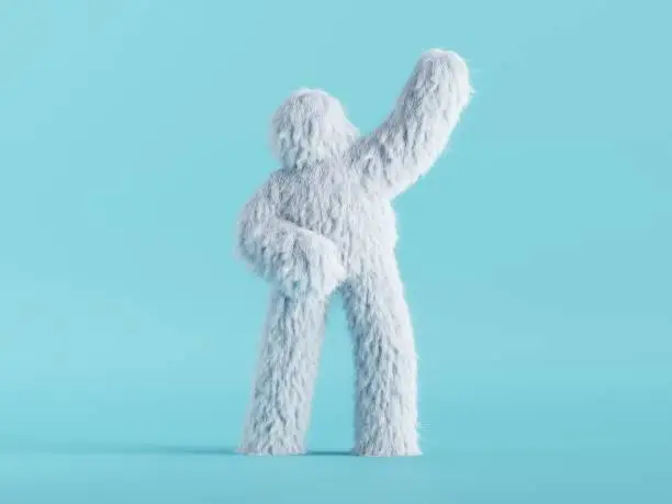 Photo of 3d render, white hairy yeti stands with hand up, furry bigfoot toy, cartoon character fluffy monster isolated on mint blue background, standing pose