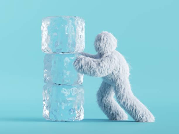 istock 3d render, white hairy yeti pushes ice cubes, bigfoot cartoon character makes a tower from ice. Winter clip art isolated on mint blue background 1293311733