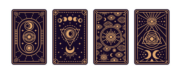 Magical tarot cards Magical tarot cards deck set. Spiritual moon and celestial eye symbols. Vector illustration. Astrology or sacred geometry poster design. Magic occult pattern, esoteric boho style. alchemy stock illustrations