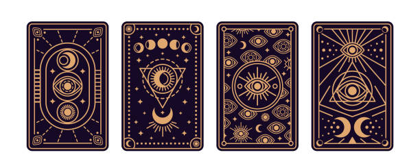 Magical tarot cards Magical tarot cards deck set. Spiritual moon and celestial eye symbols. Vector illustration. Astrology or sacred geometry poster design. Magic occult pattern, esoteric boho style. magician stock illustrations