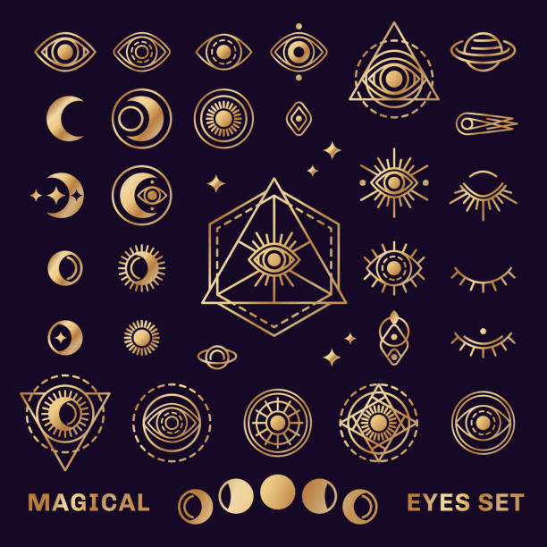 Sacred Geometry Eyes Sacred Geometry Forms with Moon and Sun. Vector illustration. Geometric Logo Design, Alchemy Symbol, Occult and Mystic Sign. Shiny Gold on Black Background. Masonic Eye inside triangle pyramid, witch eyes stock illustrations
