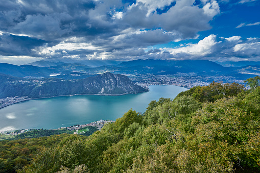 Aerial view of the city of Lugano and Lake Lugano. Ticino Canton. Switzerland.