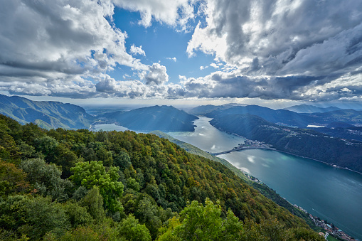 Aerial view of Lugano Lake. Ticino Canton. Switzerland.
