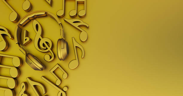istock golden musical notes with headphone in the middle, Concept music 1293316727