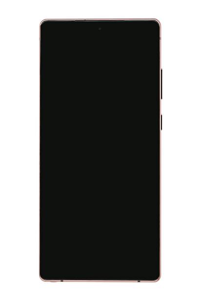 samsung galaxy note 20 smartphone, bronze. front view of a dark display with a front selfie camera and two side keys. - control panel flash imagens e fotografias de stock