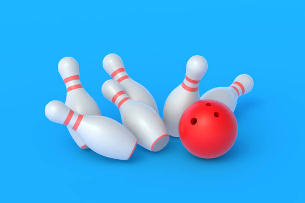 istock Red bowling ball crashing white falling pins on blue background. Active sport. Hobby and leisure. Competition and championship. Win and success concept. 3d rendering 1293318370