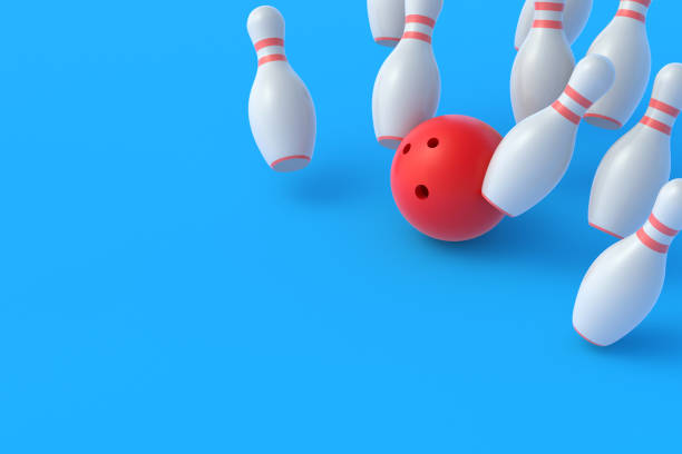 istock Red bowling ball crashing white falling pins on blue background. Active sport. Hobby and leisure. Competition and championship. Win and success concept. 3d rendering 1293318378