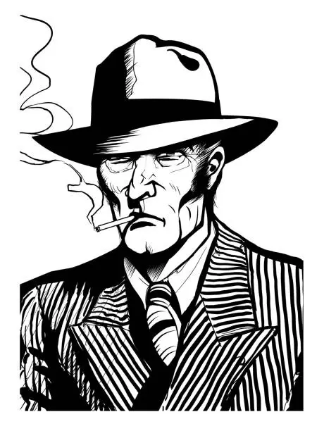 Vector illustration of Gangster in the style of 1950 black and white graphic novel