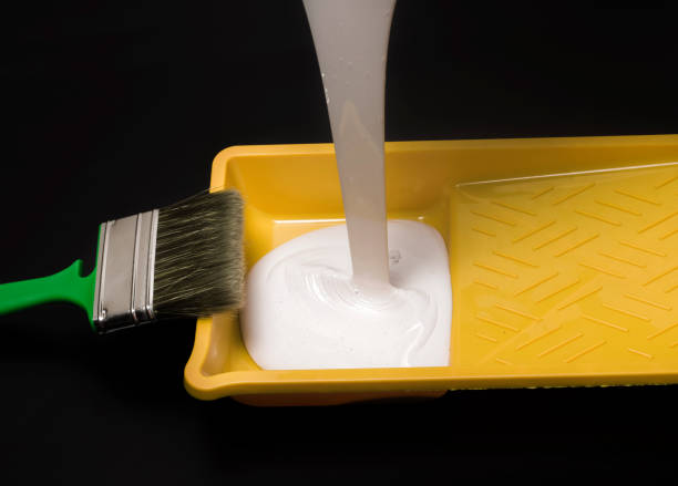 istock a yellow tray with a brush is filled with white paint on a black background 1293320860