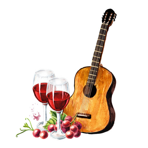 ilustrações, clipart, desenhos animados e ícones de instrumento de corda de madeira e vinho. ilustração de aquarela desenhada à mão isolada em fundo branco - musical instrument string illustrations