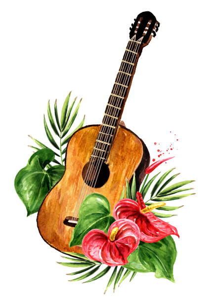 ilustrações, clipart, desenhos animados e ícones de instrumento de corda de guitarra de madeira e flores tropicais. conceito de festa na praia. ilustração de aquarela desenhada à mão isolada em fundo branco - musical instrument string illustrations