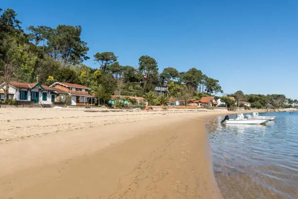 Photo of Cap Ferret, on the Arcachon Bay. Wooden houses on the beach