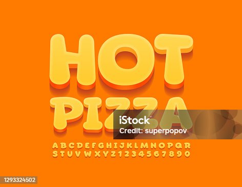 istock Vector delicious emblem Hot Pizza. Creative yellow Alphabet Letters and Numbers set 1293324502
