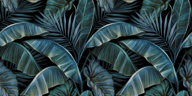 Tropical exotic seamless pattern with night vintage banana leaves, palm and colocasia. Hand-drawn 3D illustration. Trendy glamorous design. Good for production wallpapers, gift paper, cloth, fabric printing. banana leaf stock illustrations