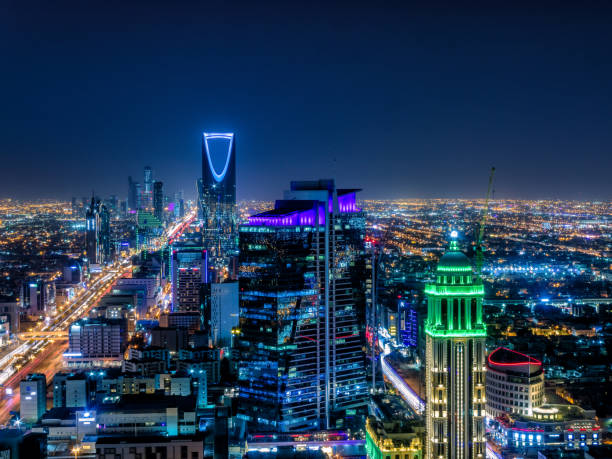 Buildings/Landmarks Kingdom of Saudi Arabia Landscape at night - Riyadh Tower Kingdom Center - Kingdom Tower - Riyadh skyline - Riyadh at night riyadh photos stock pictures, royalty-free photos & images