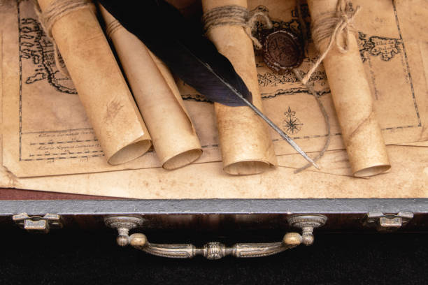 istock Vintage wooden suitcase with scrolls with wax seal, old map, seal 1293326912