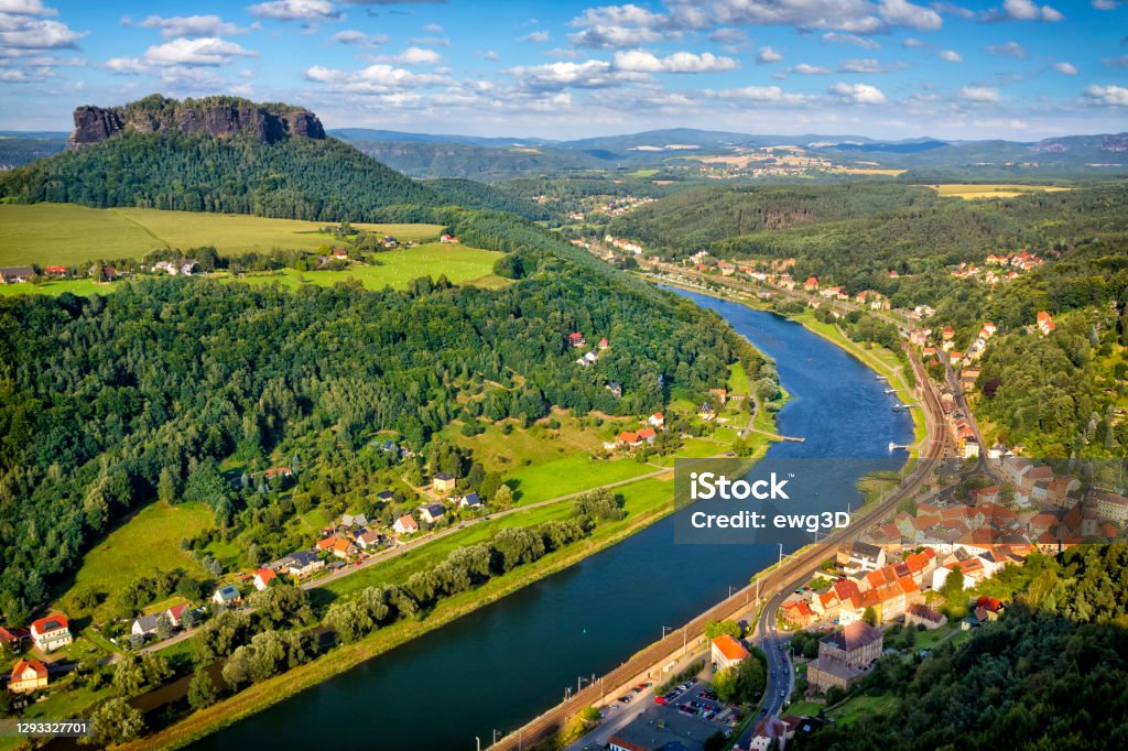 Vacations in Germany - River Elbe and Lilienstein in Saxon Switzerland View from Konigstein Fortress on river Elbe, town Konigstein and Lilienstein in Saxon switzerland, Germany Saxony Stock Photo