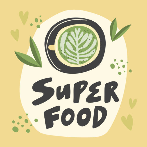 illustrations, cliparts, dessins animés et icônes de superfood matcha. illustration de vecteur dessinée à la main avec des lames et la c tasse de matcha sur le fond jaune. - rusty symbol wood backgrounds