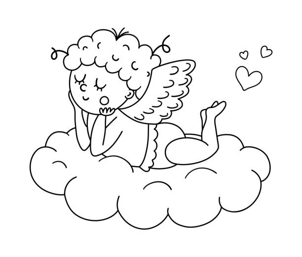 векторный черно-белый амур, лежащий на облаке и мечтающий. забавный персонаж дня святого валентина. счастливая любовь ангела с распределит� - 3844 stock illustrations