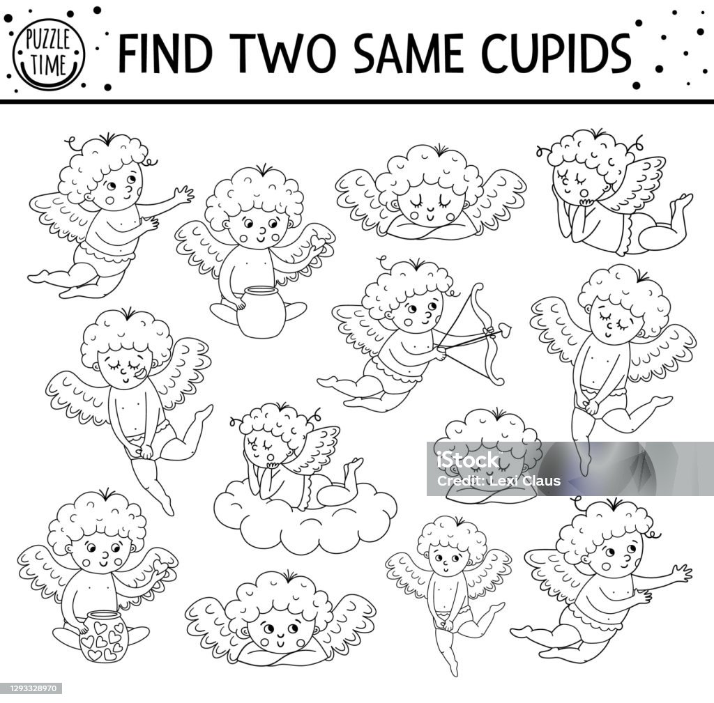 Find Two Same Cupids Holiday Black And White Matching Activity For Children  Funny Educational Saint Valentine Day Logical Quiz Worksheet For Kids  Simple Printable Game Or Coloring Page Stock Illustration - Download