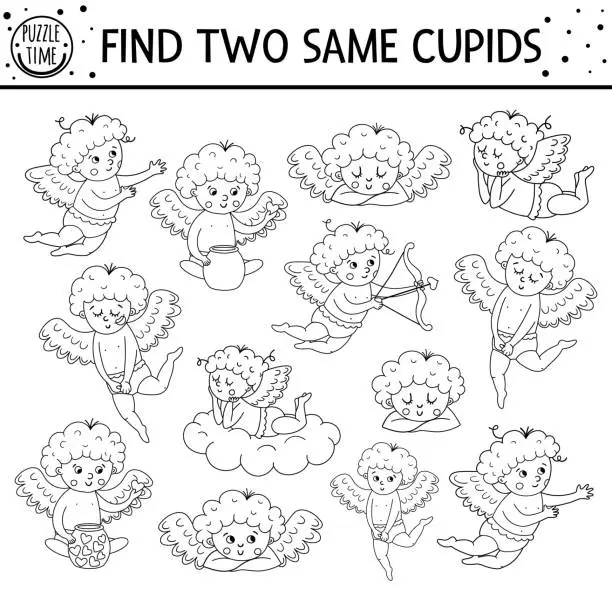 Vector illustration of Find two same cupids. Holiday black and white matching activity for children. Funny educational Saint Valentine day logical quiz worksheet for kids. Simple printable game or coloring page