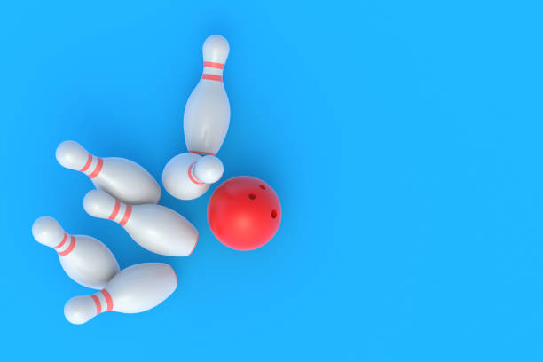 istock Red bowling ball crashing white falling pins on blue background. Active sport. Hobby and leisure. Competition and championship. Win and success concept. 3d rendering 1293329874