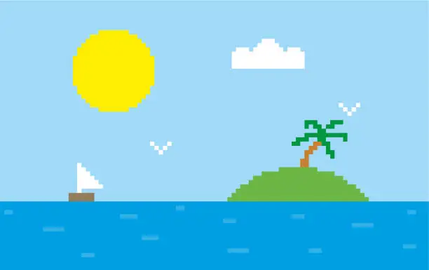 Vector illustration of Pixel island and blue sky stock illustration