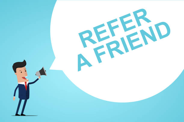 istock Businessman Holding In Hand Megaphone With Speech Bubble REFER A FRIEND . Announcement. Vector illustration 1293331229