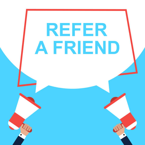 istock Hand Holding Megaphone With Speech Bubble REFER A FRIEND . Announcement. Vector illustration 1293333088