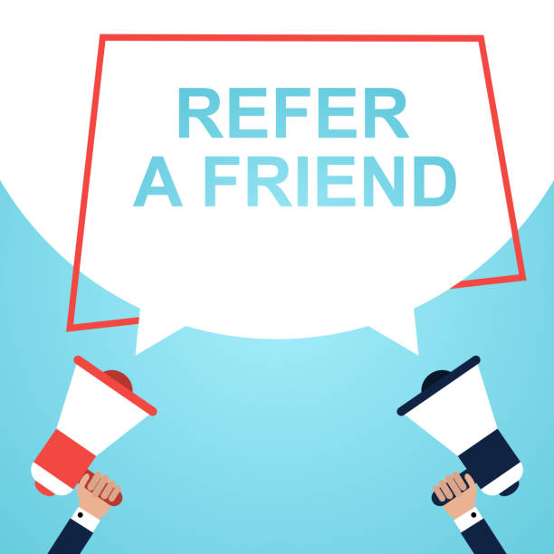istock Hand Holding Megaphone With Speech Bubble REFER A FRIEND . Announcement. Vector illustration 1293333102