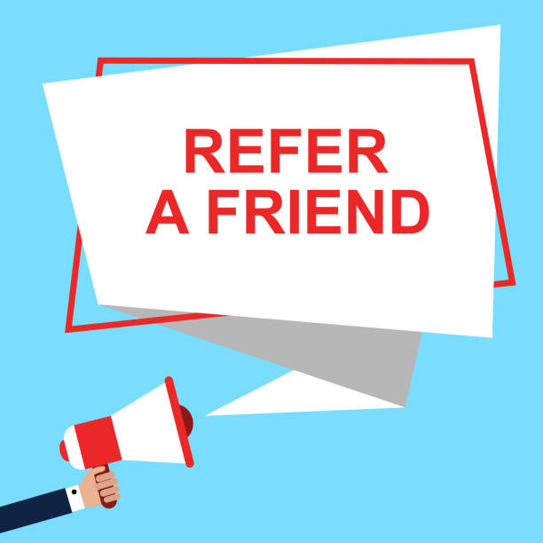 istock Male hand holding megaphone with Refer a friend speech . Loudspeaker with Refer a friend text. Vector illustration 1293333143