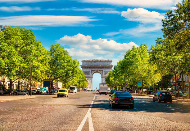 Road of Champs Elysee Road of Champs Elysee leading to Arc de Triomphe in Paris, France avenue des champs elysees photos stock pictures, royalty-free photos & images