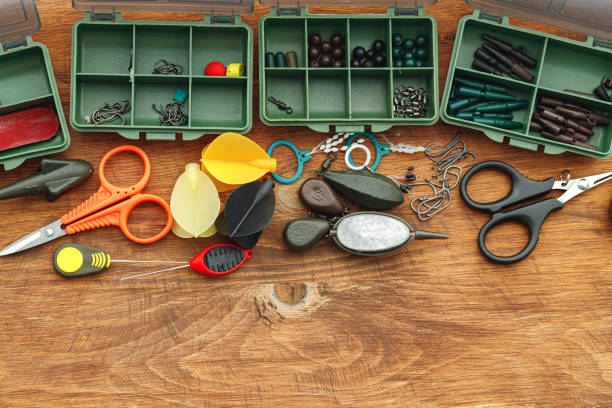 istock Plastic compartment case and fishing tackle top view 1293336603