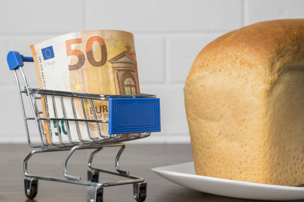 50 euros em uma cesta de compras com pão. aumento dos preços dos alimentos e mantimentos na europa e em outros países. assistência humanitária - 2802 - fotografias e filmes do acervo
