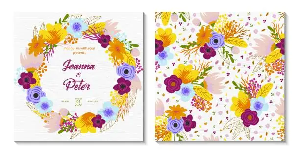 Vector illustration of Wedding Invitation Card Design with Hand Drawn Spring Flowers with White Wood Background. Wedding Concept, Design Element.