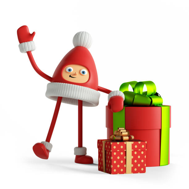 istock 3d render, Red cap with face hands and legs, mascot with gift boxes. Cute little santa helper. Christmas toy clip art isolated on white background. 1293341970