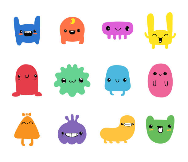 Hand drawn children's cute little doodle monsters. Hand drawn children's cute little doodle monsters. Trendy face emotions on simple funny doodles for kids. Isolated vector set. kawaii stock illustrations