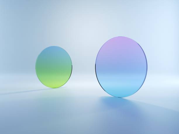 istock 3d render, abstract simple geometrical shapes isolated on white background. Flat round glass with green blue violet gradient. Modern minimal concept 1293342902