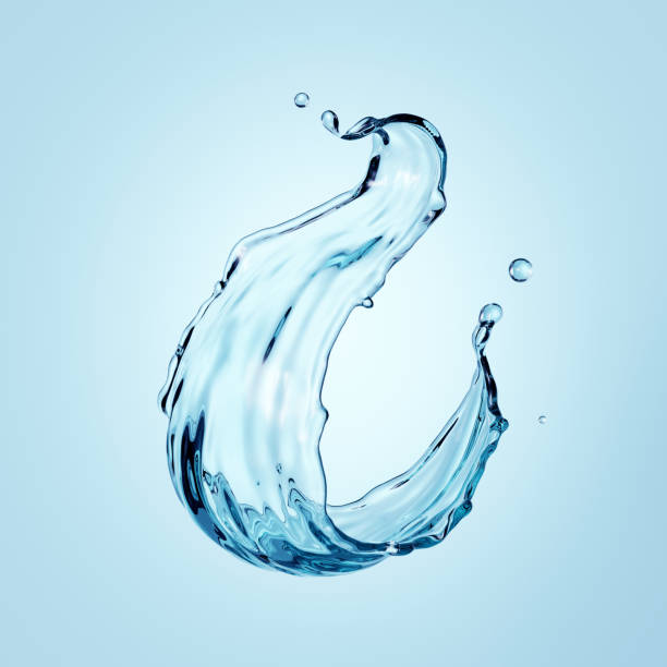 istock 3d render, water splash, translucent liquid jet, splashing wave clip art, isolated on blue background. 1293343034
