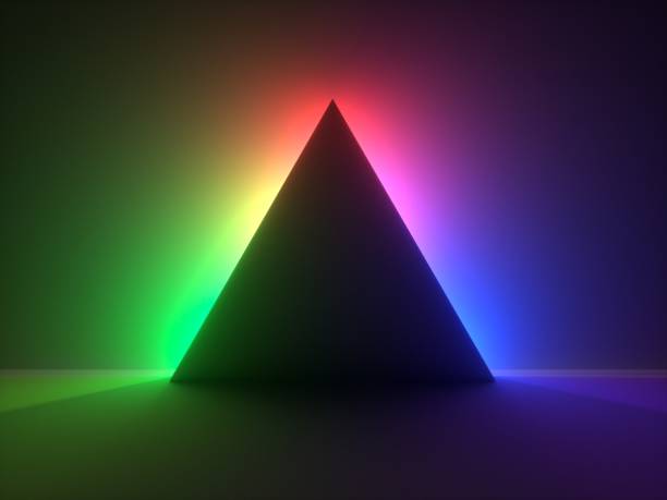 istock 3d render, modern minimal abstract background with colorful neon light behind the black triangular pyramid. 1293343638